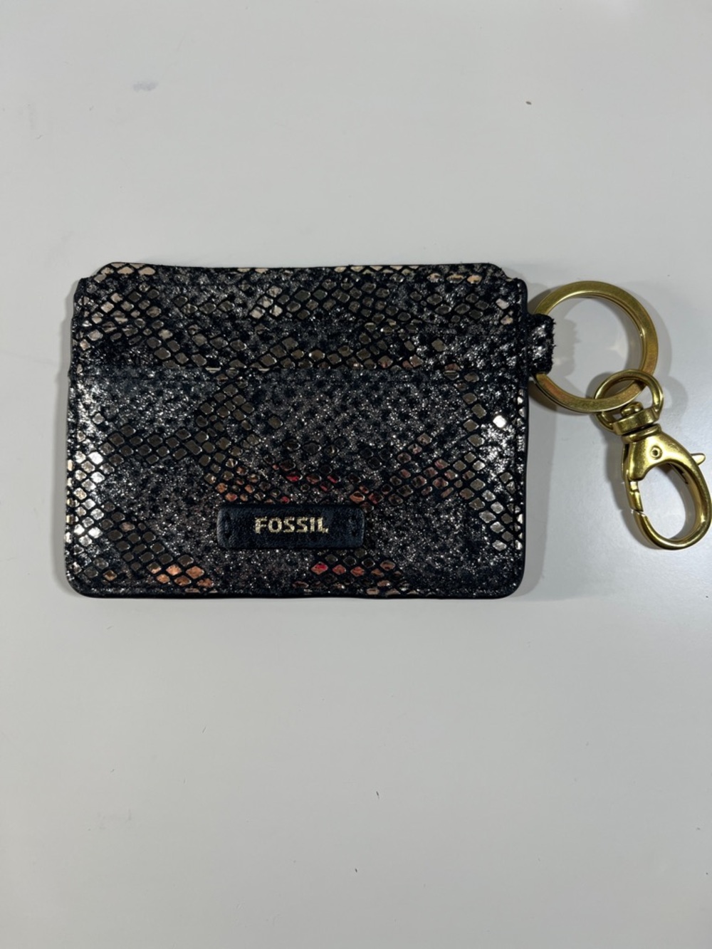 Fossil Black Metallic Snake-Print Card Holder with Gold Key Ring